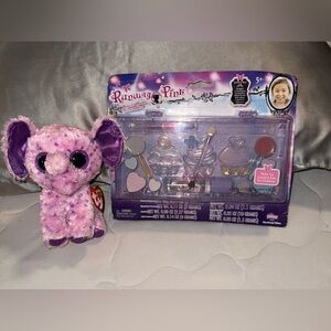 Ty Pink and Purple Eva the Elephant Plush and Runway  beauty glam box NEW